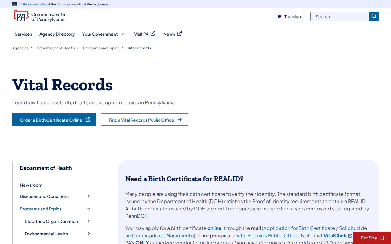 Dauphin County residents directory Pennsylvania vital records ordering