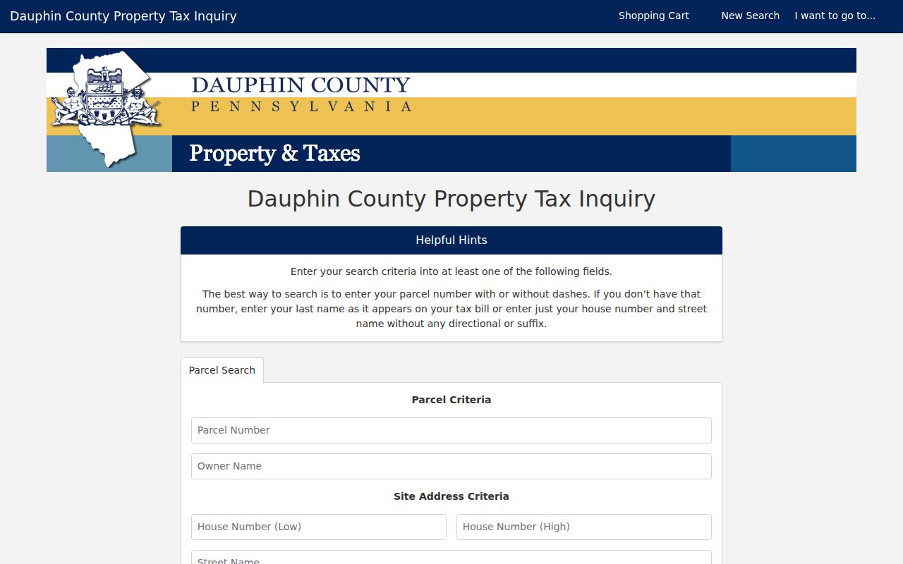 Dauphin County residents directory Property Info search screen
