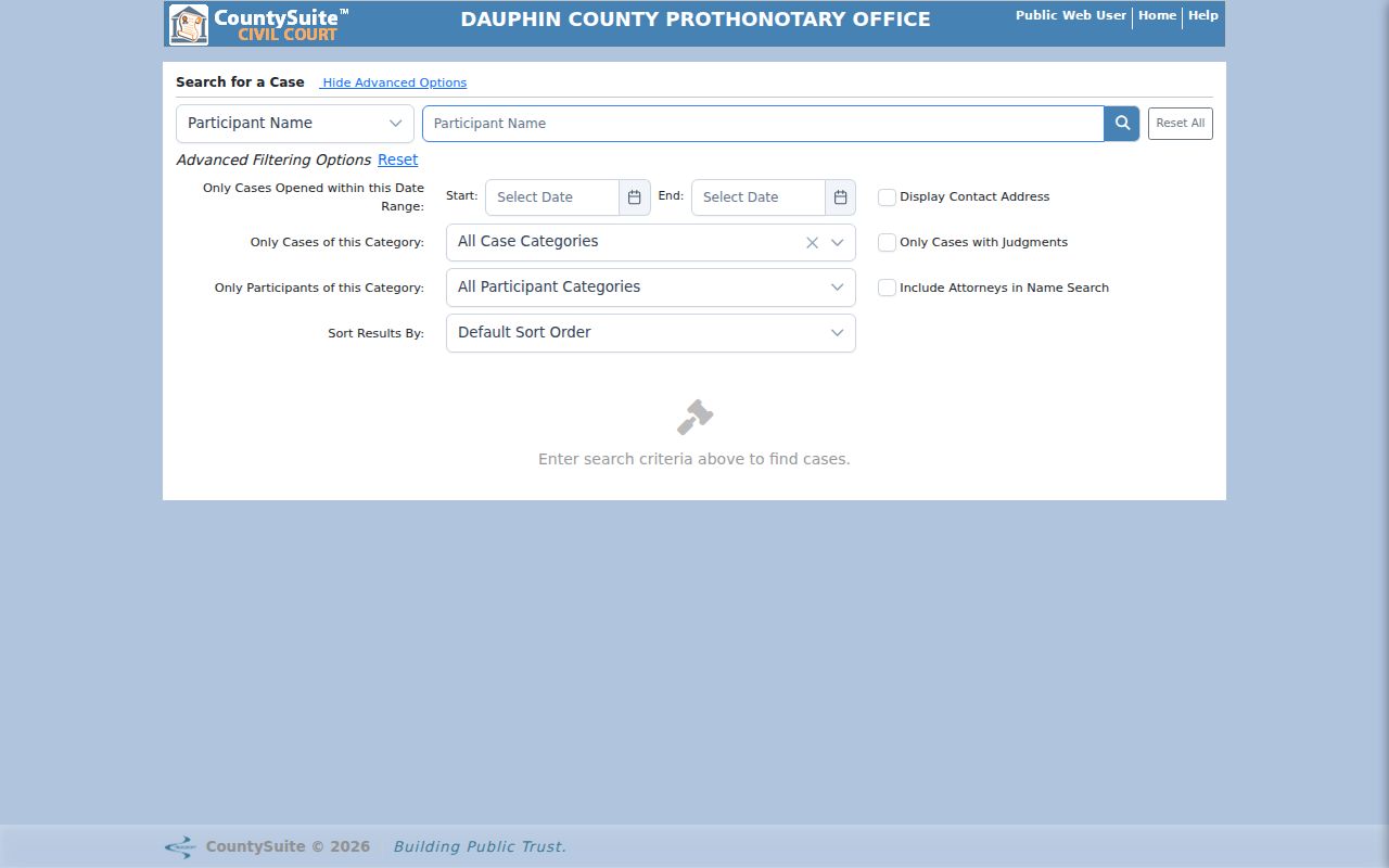 Dauphin County resident lookup using the CountySuite civil case search
